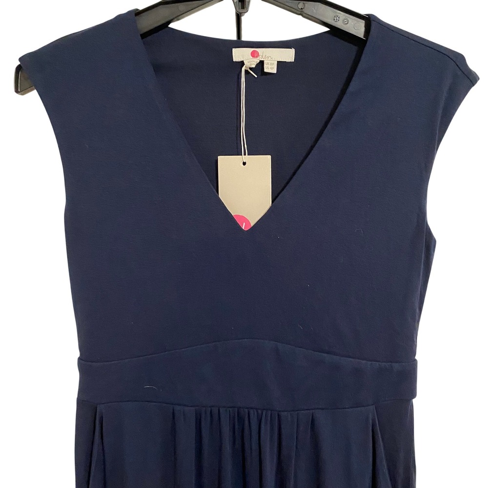 Boden Midi Dress Modest Womens 4P Navy Blue New V-Neck Empire Waist Pockets - Picture 3 of 6